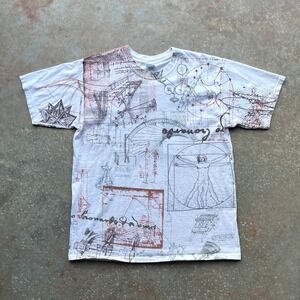 VTG Gildan Leonardo da Vinci All Over Print T-Shirt Mens White Art Tee L
